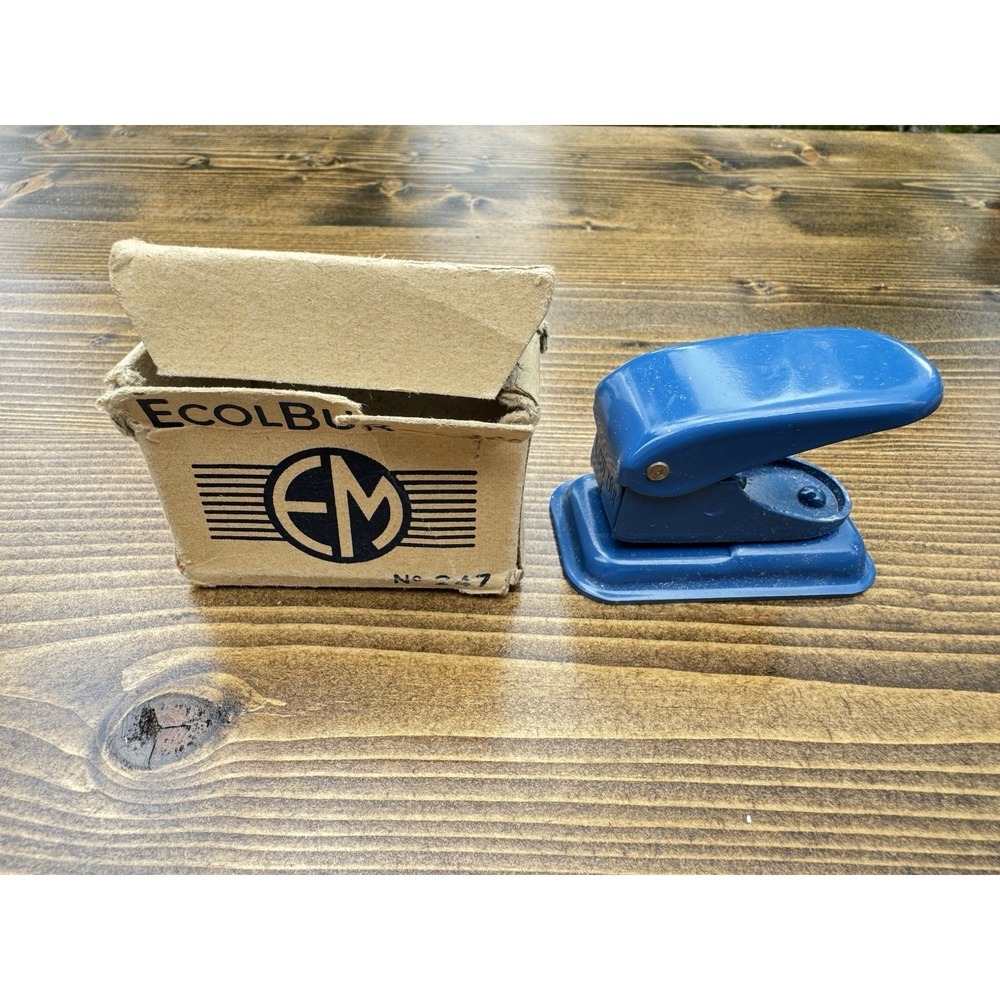 Vintage Ecolbur No 247 Hole Punch NOS Blue Metal Single Paper Punch w Box - Picture 10 of 15